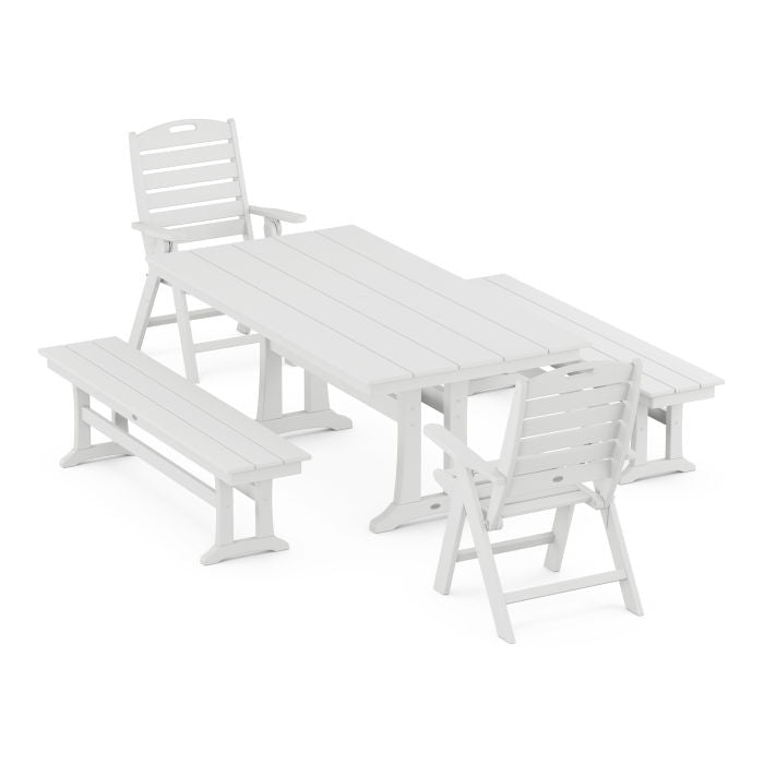 Nautical Folding Highback Chair 5-Piece Farmhouse Dining Set With Trestle Legs and Benches