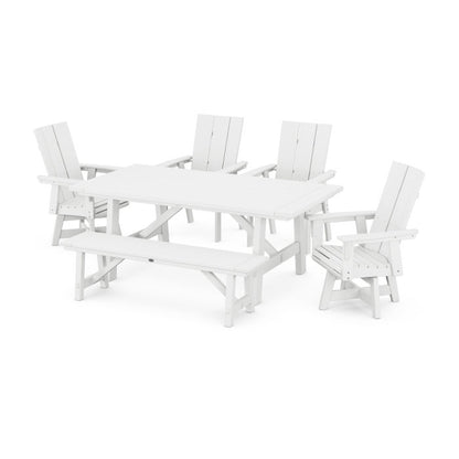Modern Curveback Adirondack Swivel Chair 6-Piece Rustic Farmhouse Dining Set with Bench