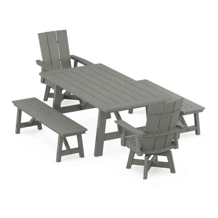 Modern Curveback Adirondack Swivel Chair 5-Piece Rustic Farmhouse Dining Set With Benches