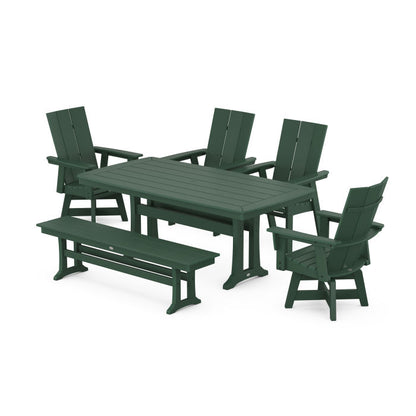 Modern Curveback Adirondack Swivel Chair 6-Piece Dining Set with Trestle Legs and Bench