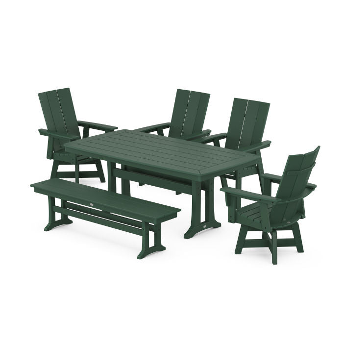Modern Curveback Adirondack Swivel Chair 6-Piece Dining Set with Trestle Legs and Bench