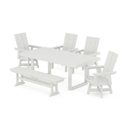 Modern Curveback Adirondack Swivel Chair 6-Piece Dining Set with Bench in Vintage Finish