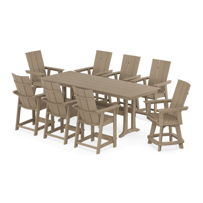 Modern Curveback Adirondack Swivel 9-Piece Farmhouse Counter Set with Trestle Legs in Vintage Finish