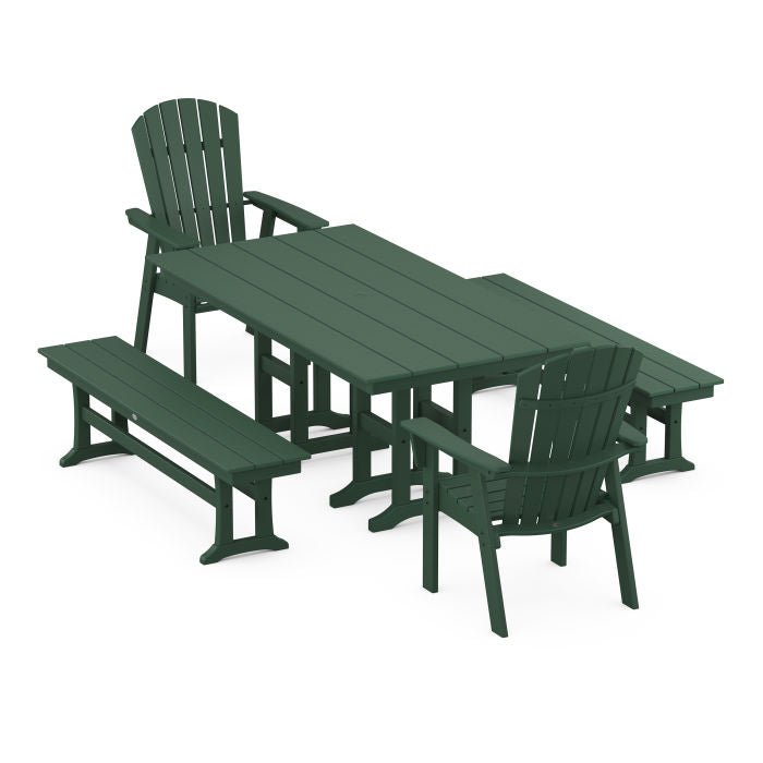 Nautical Curveback Adirondack 5-Piece Farmhouse Dining Set with Benches