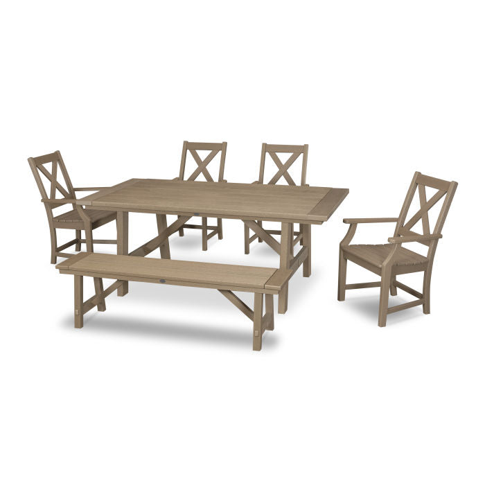 Braxton 6-Piece Rustic Farmhouse Arm Chair Dining Set with Bench in Vintage Finish