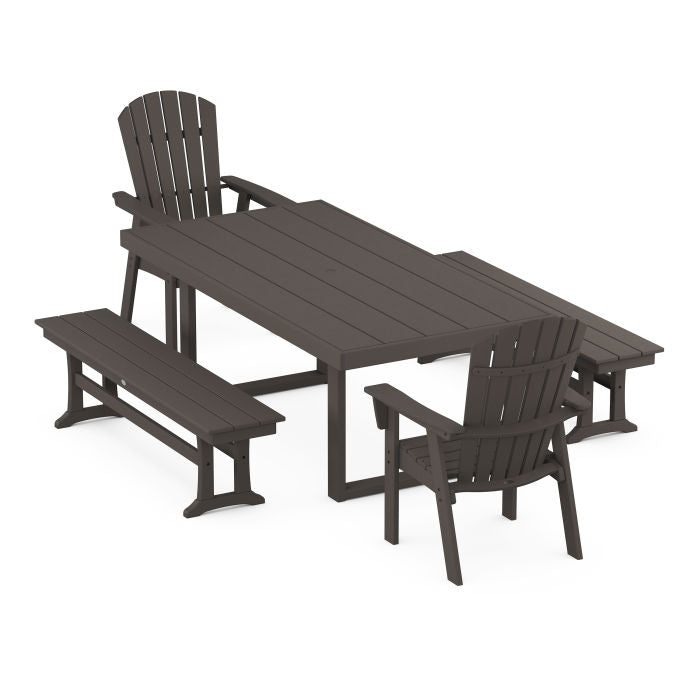 Nautical Curveback Adirondack 5-Piece Dining Set with Benches in Vintage Finish