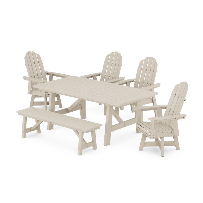 Vineyard Curveback Adirondack Swivel Chair 6-Piece Rustic Farmhouse Dining Set With Bench