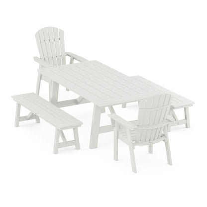 Nautical Curveback Adirondack 5-Piece Rustic Farmhouse Dining Set With Benches in Vintage Finish