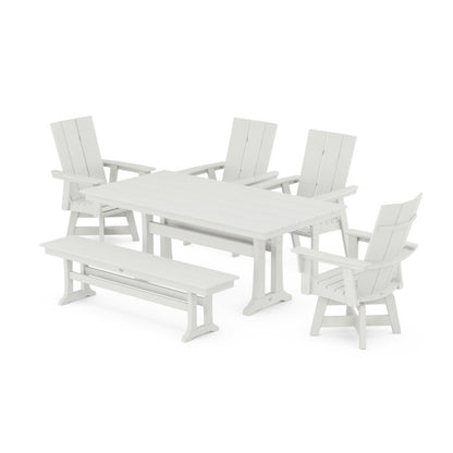 Modern Curveback Adirondack Swivel Chair 6-Piece Farmhouse Dining Set With Trestle Legs and Bench in Vintage Finish