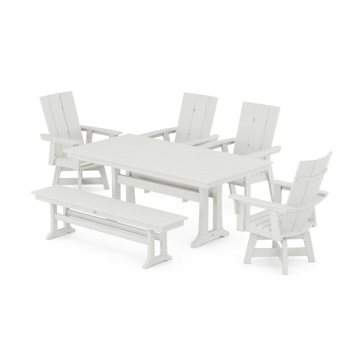 Modern Curveback Adirondack Swivel Chair 6-Piece Farmhouse Dining Set With Trestle Legs and Bench in Vintage Finish