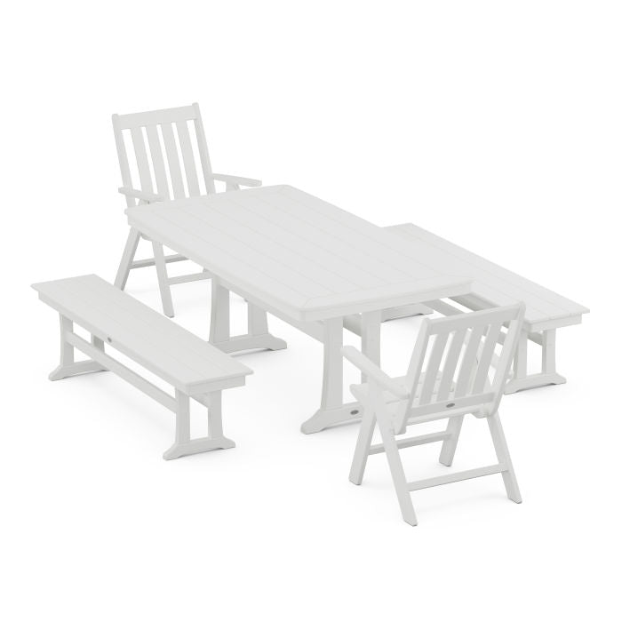 Vineyard Folding Chair 5-Piece Dining Set with Trestle Legs and Benches