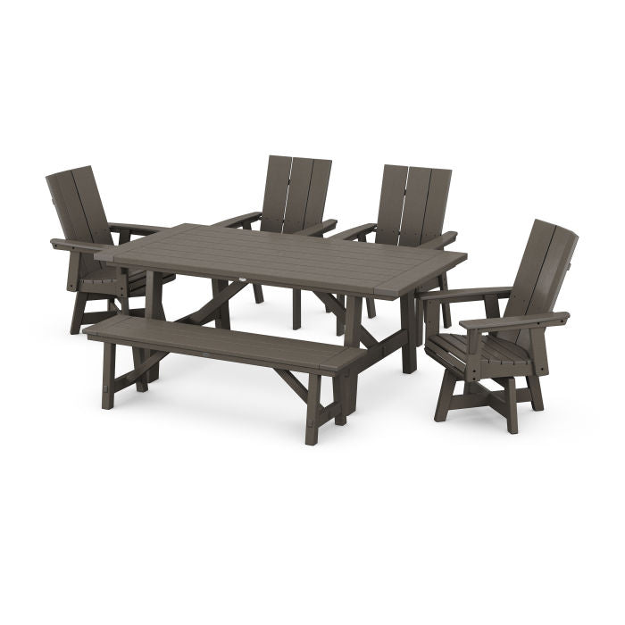 Modern Curveback Adirondack Swivel Chair 6-Piece Rustic Farmhouse Dining Set with Bench in Vintage Finish