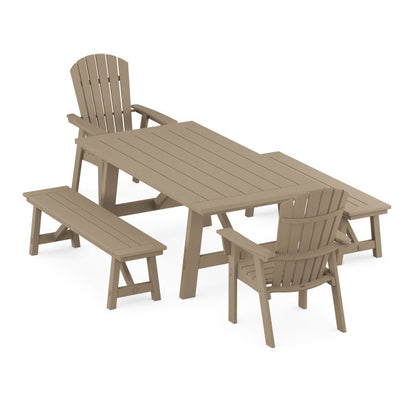 Nautical Curveback Adirondack 5-Piece Rustic Farmhouse Dining Set With Benches in Vintage Finish