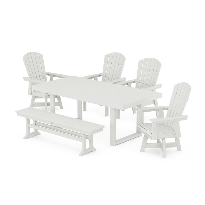 Nautical Curveback Adirondack Swivel Chair 6-Piece Dining Set with Bench in Vintage Finish