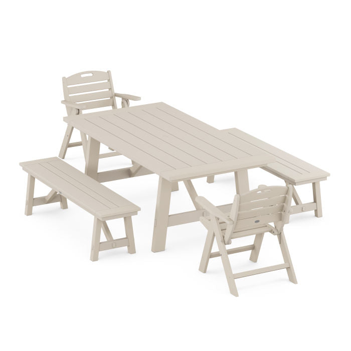 Nautical Folding Lowback Chair 5-Piece Rustic Farmhouse Dining Set With Benches