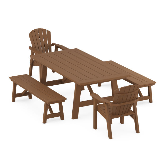Seashell 5-Piece Rustic Farmhouse Dining Set With Benches