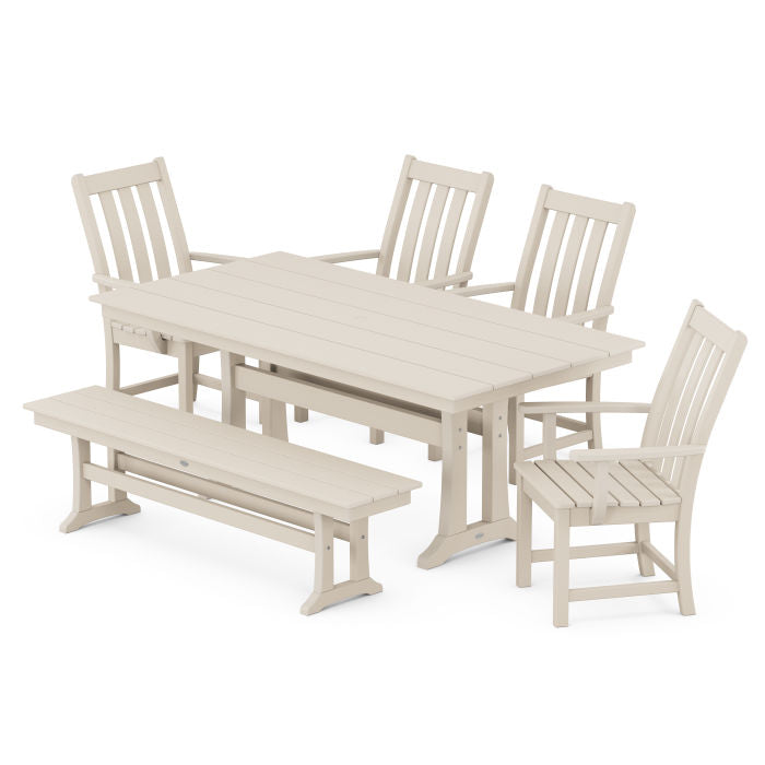 Vineyard 6-Piece Arm Chair Farmhouse Dining Set with Trestle Legs and Bench