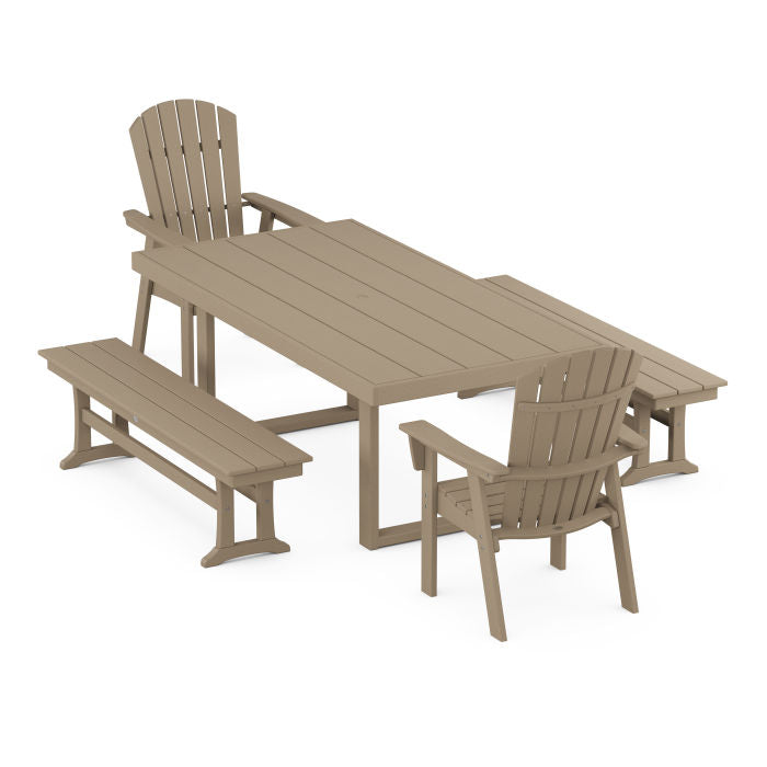 Nautical Curveback Adirondack 5-Piece Dining Set with Benches in Vintage Finish