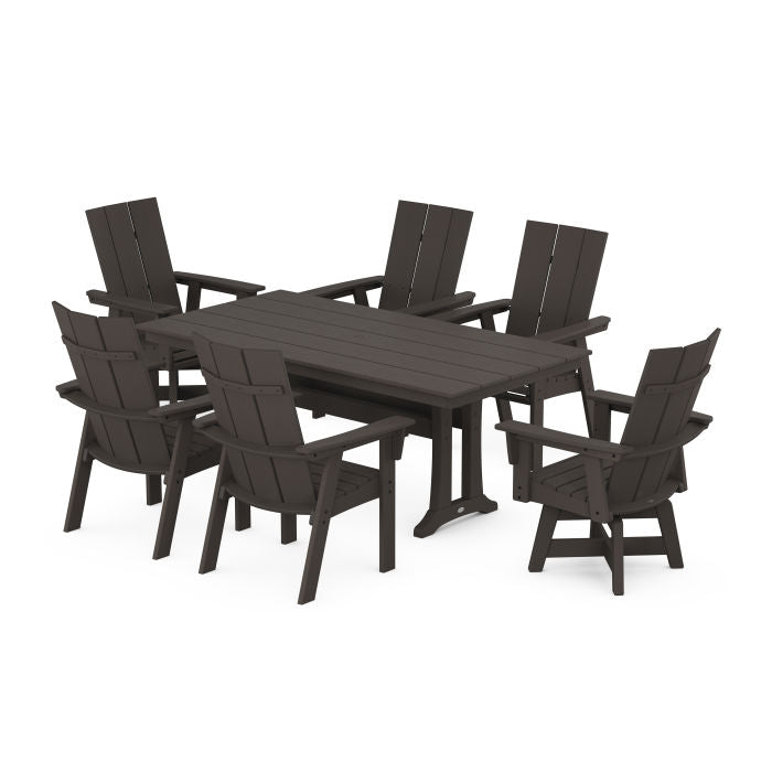 Modern Curveback Adirondack Swivel Chair 7-Piece Farmhouse Dining Set With Trestle Legs in Vintage Finish