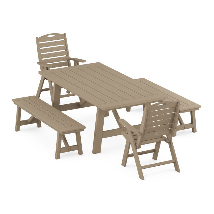 Nautical Folding Highback Chair 5-Piece Rustic Farmhouse Dining Set With Benches in Vintage Finish