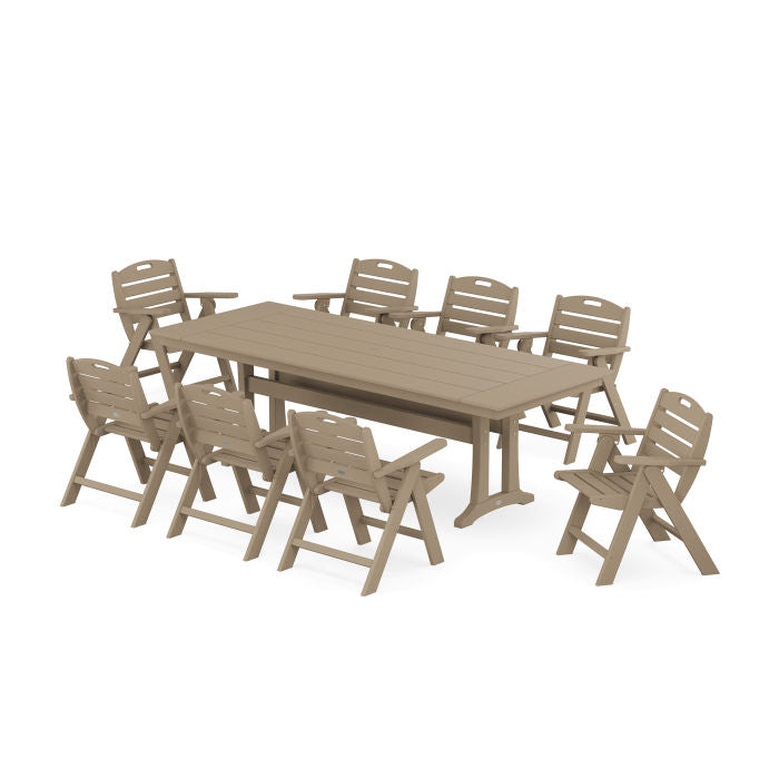Nautical Lowback 9-Piece Farmhouse Dining Set with Trestle Legs in Vintage Finish