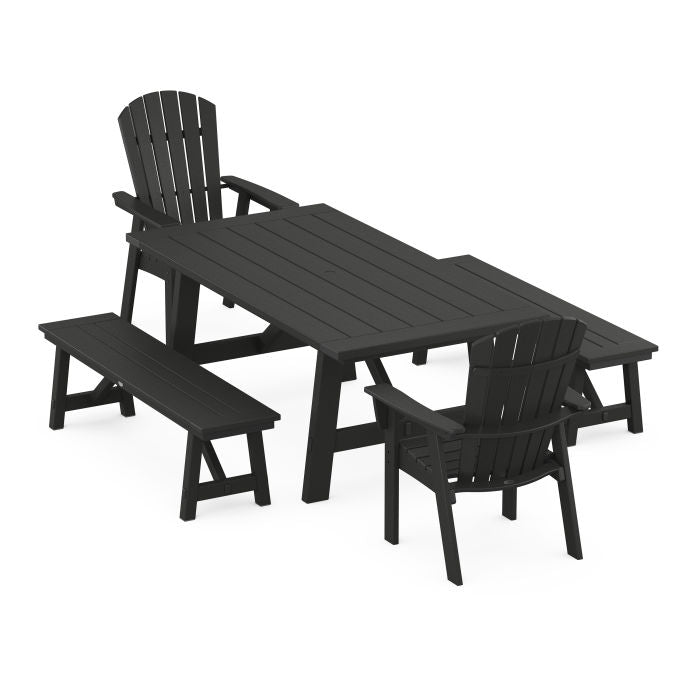 Nautical Curveback Adirondack 5-Piece Rustic Farmhouse Dining Set With Benches