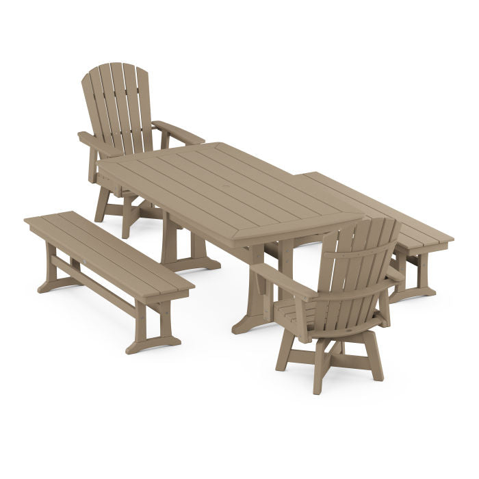 Nautical Curveback Adirondack Swivel Chair 5-Piece Dining Set with Trestle Legs and Benches in Vintage Finish