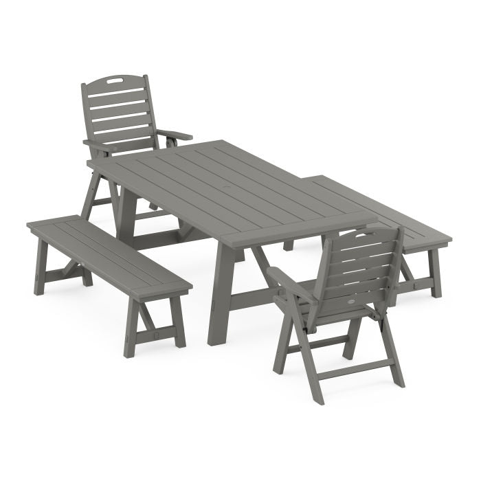 Nautical Folding Highback Chair 5-Piece Rustic Farmhouse Dining Set With Benches