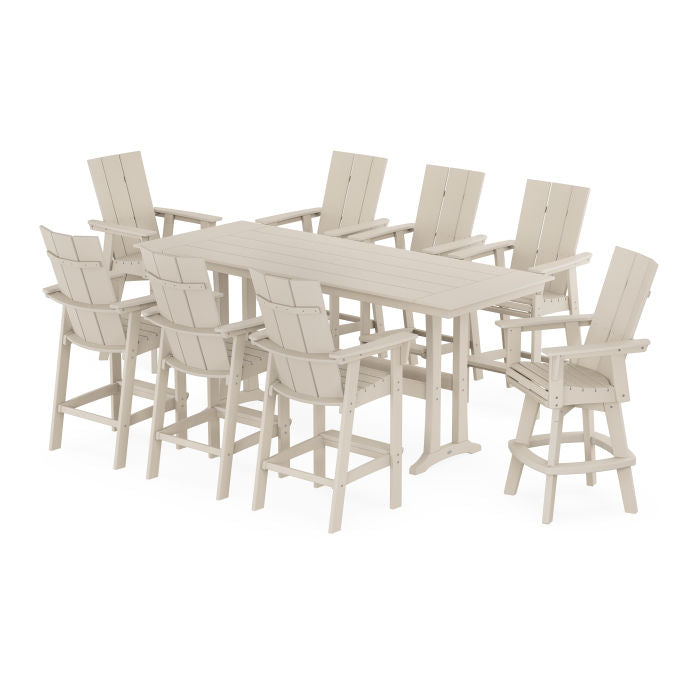 Modern Curveback Adirondack Swivel 9-Piece Farmhouse Bar Set with Trestle Legs