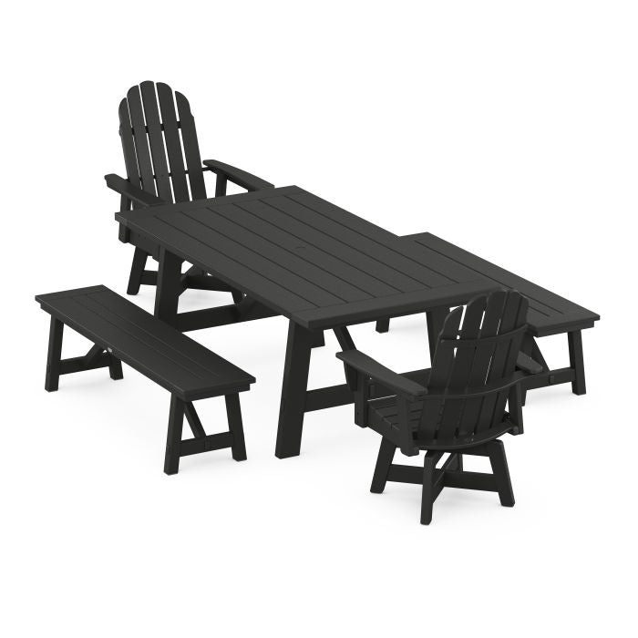 VineyardCurveback Adirondack Swivel Chair 5-Piece Rustic Farmhouse Dining Set With Benches
