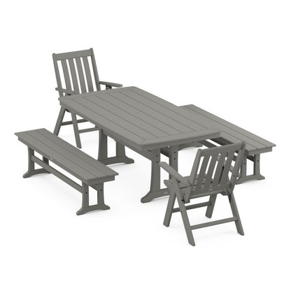 Vineyard Folding Chair 5-Piece Dining Set with Trestle Legs and Benches