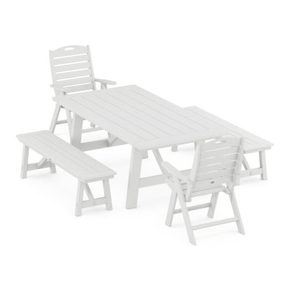 Nautical Folding Highback Chair 5-Piece Rustic Farmhouse Dining Set With Benches