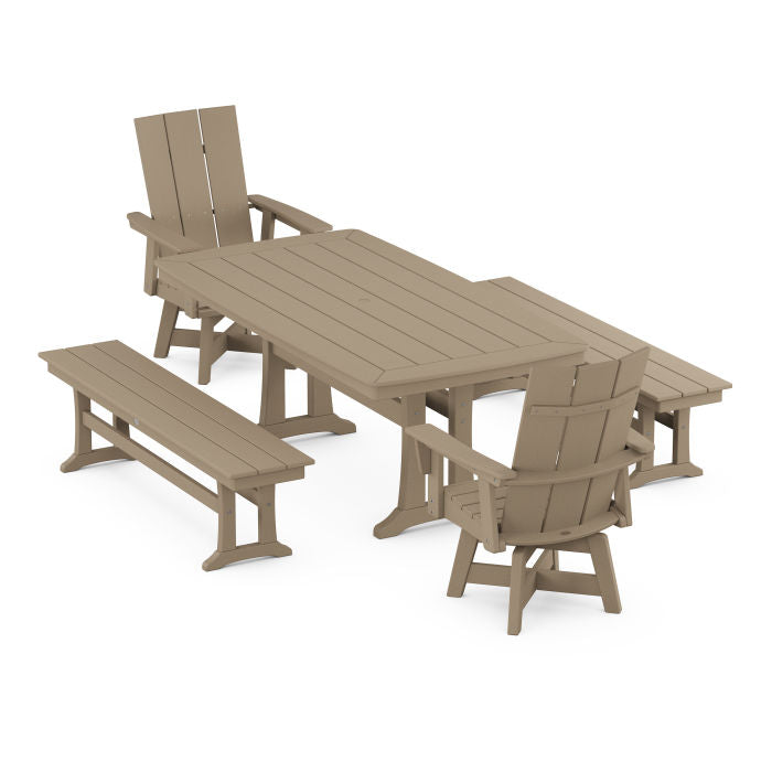 Modern Curveback Adirondack Swivel Chair 5-Piece Dining Set with Trestle Legs and Benches in Vintage Finish