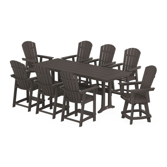 Nautical Curveback Adirodack Swivel 9-Pie Farmhouse Swivel Counter Set with Trestle Legs in Vintage Finish