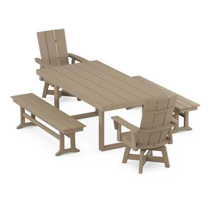 Modern Adirondack Swivel Chair 5-Piece Dining Set with Benches in Vintage Finish