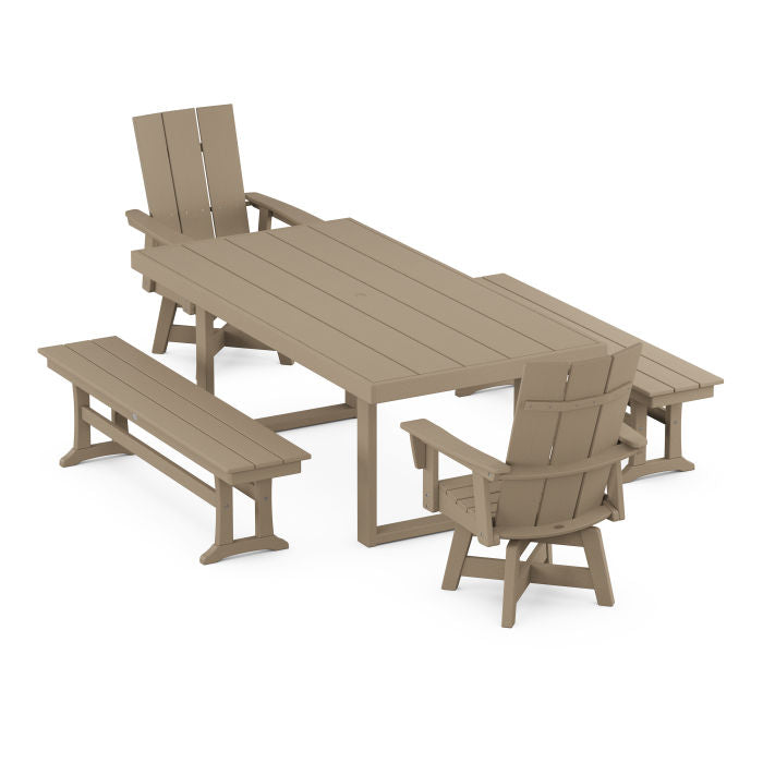 Modern Adirondack Swivel Chair 5-Piece Dining Set with Benches in Vintage Finish