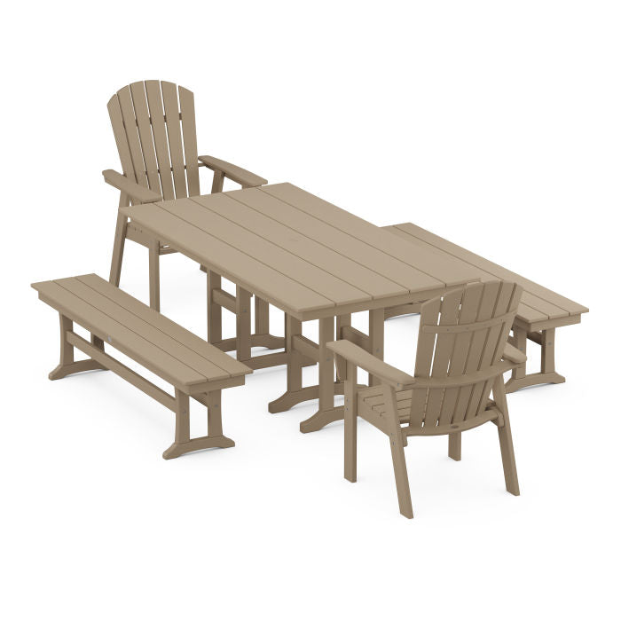 Nautical Curveback Adirondack 5-Piece Farmhouse Dining Set with Benches in Vintage Finish