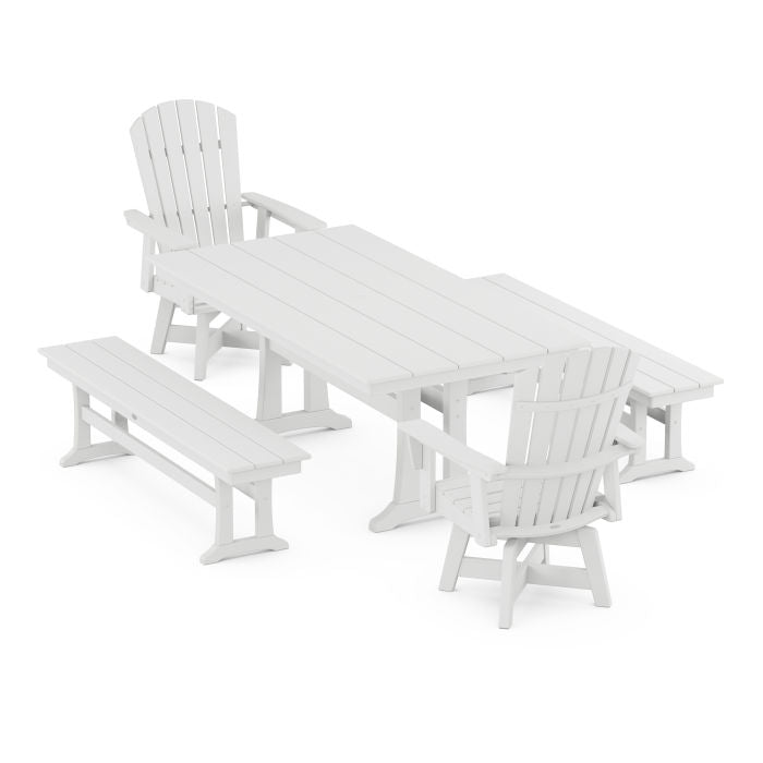 Nautical Curveback Adirondack Swivel Chair 5-Piece Farmhouse Dining Set With Trestle Legs and Benches