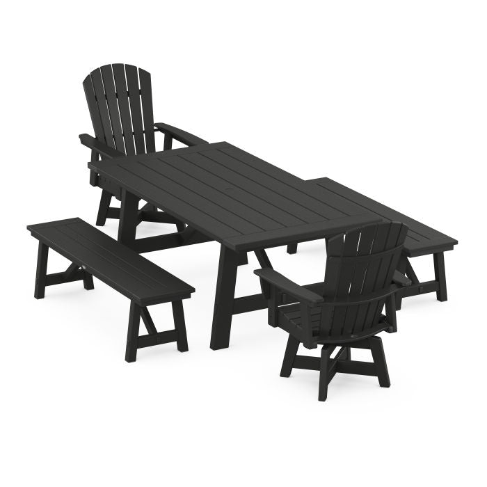 Nautical Curveback Adirondack Swivel Chair 5-Piece Rustic Farmhouse Dining Set With Benches