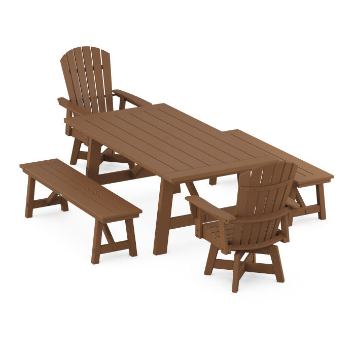 Nautical Curveback Adirondack Swivel Chair 5-Piece Rustic Farmhouse Dining Set With Benches