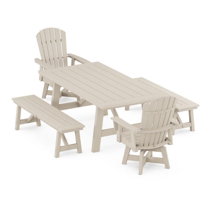 Nautical Curveback Adirondack Swivel Chair 5-Piece Rustic Farmhouse Dining Set With Benches