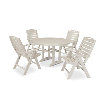 5-Piece Nautical Highback Chair Round Dining Set with Trestle Legs