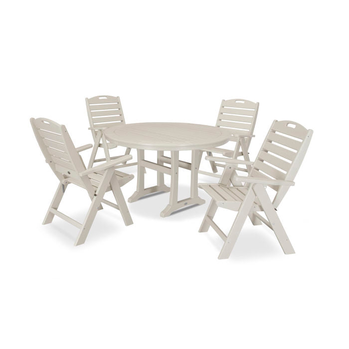 5-Piece Nautical Highback Chair Round Dining Set with Trestle Legs