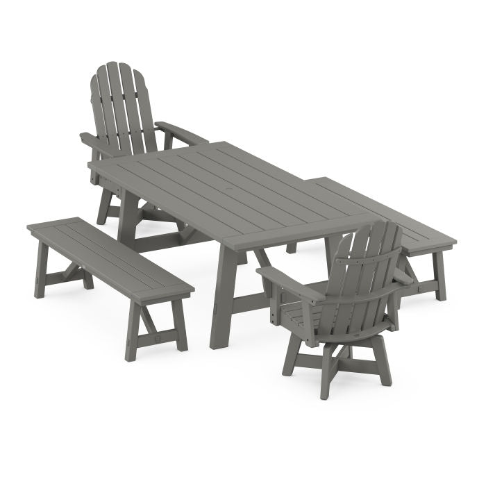 VineyardCurveback Adirondack Swivel Chair 5-Piece Rustic Farmhouse Dining Set With Benches