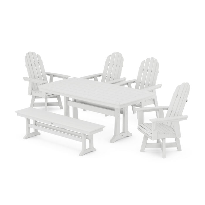 Vineyard Curveback Adirondack Swivel Chair 6-Piece Dining Set with Trestle Legs and Bench