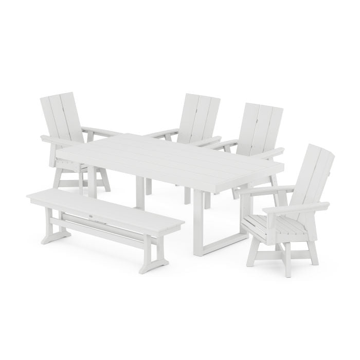 Modern Curveback Adirondack Swivel Chair 6-Piece Dining Set with Bench