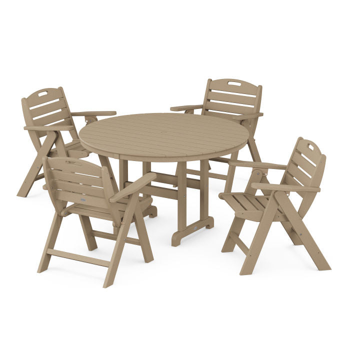 Nautical Folding Lowback Chair 5-Piece Round Farmhouse Dining Set in Vintage Finish