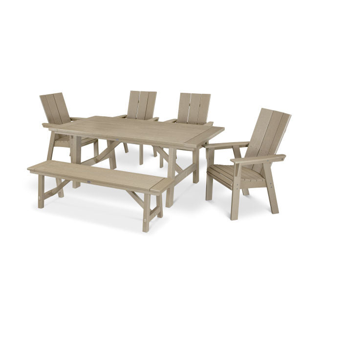 Modern Curveback Adirondack 6-Piece Rustic Farmhouse Dining Set with Bench in Vintage Finish
