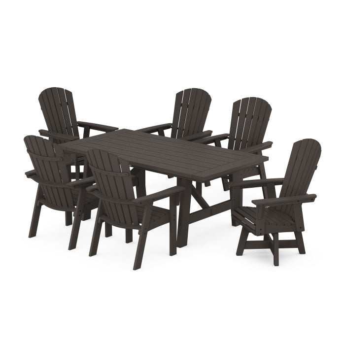 Nautical Curveback Adirondack Swivel Chaie 7-Piece Rustic Farmhouse Dining Set in Vintage Finish