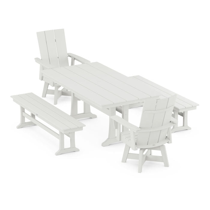 Modern Curveback Adirondack Swivel Chair 5-Piece Farmhouse Dining Set With Trestle Legs and Benches in Vintage Finish